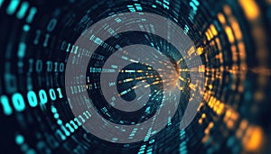 Virtual Tunnel Warp: Abstract Futuristic Cyberspace With Binary Data Flow, Coding, Hacking, And Big Data In Digital Code