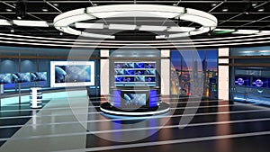 Virtual TV Studio News Set 27. Green screen background. 3d Rendering.