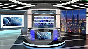 Virtual TV Studio News Set 27. Green screen background. 3d Rendering.