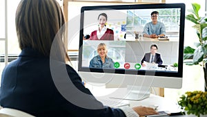 Virtual video conference, Asian business team making video call by web, Group of asia team online telecommunication meeting by