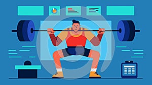 In a virtual weightlifting session a powerlifter analyzes their form and receives data on their lifts to ensure proper