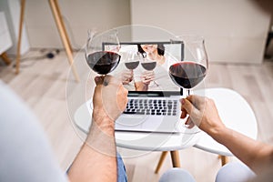 Virtual Wine Tasting Using Laptop. Online Party