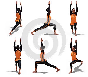 Virtual Woman with Sport Outfit in Yoga Warrior One Pose with 6 angles of view