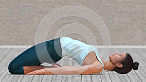 Virtual Woman in Yoga Reclined Hero Pose with a clear wood floor