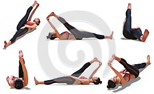 Virtual Woman in Yoga Reclining Hand to big Toe Pose with 6 angles of view on white