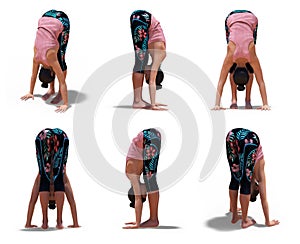 Virtual Woman in Yoga Standing Forward Bend pose with 6 angles of view