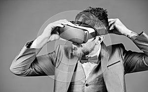 Virtual work. businessman in VR headset. Visual reality. bearded man wear wireless VR glasses. Digital future and