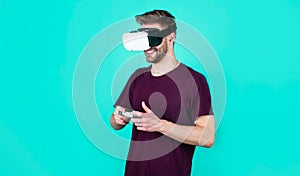Virtual work. Future technology concept. guy getting experience using VR-headset glasses. man wearing virtual reality
