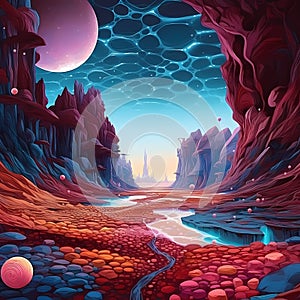 Virtual world futuristic colorful, alien space and alien world, colorful illustration