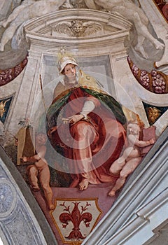 Virtue Ecclesia, fresco by Bernardino Poccetti Ospedale degli Innocenti - Exterior arcade, Florence