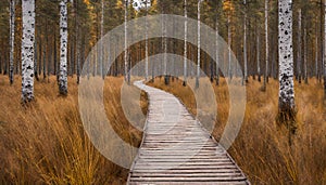 Viru bogs at Lahemaa national park in autumn. Wooden path beautiful wild place in Estonia