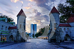 Viru Gate at the entrance to the medieval city of Tallinn. Estonia.