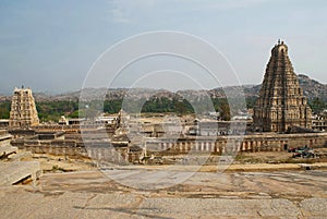 Virupaksha Temple, Hampi, karnataka. North side view from Hemakuta Hill. Sacred Center. The east facing tower on the right side an