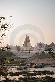 Virupaksha Temple at sunrise time and the Tungabhadra River