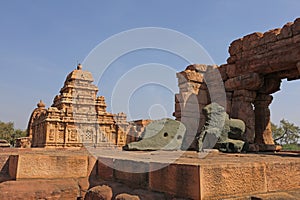 Virupaksha Temple and Unusual Green Stone Sculptures, Pattadakal Temples, near Badami, Bagalot, Karnataka, India.