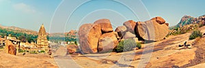 Virupaksha Temple and view of Hampi made from Hemakuta Hill with fisheye lens