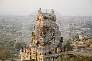 Virupaksha temple view from Hemakuta hill at sunrise in Hampi, Karnataka, India