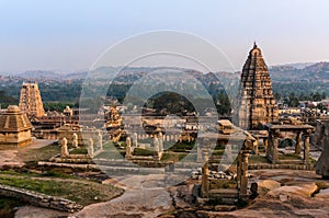 Virupaksha temple view from Hemakuta hill at sunset in Hampi, Karnataka, India