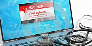 Virus alert on a laptop screen and a stethoscope