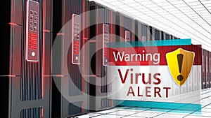 Virus alert message pop up window among network servers in a row. 3D illustration