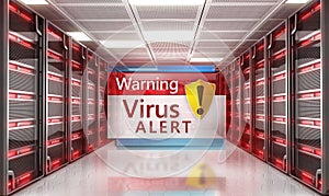 Virus alert message pop up window among network servers in a row. 3D illustration