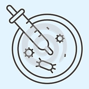 Virus analysis plate and pipette thin line icon. Petri dish outline style pictogram on white background. Bacteriology photo