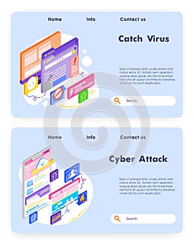 Virus attack and cyber security. Fraud and ransom malware. Cloud storage attack and hack. Computer technology. Vector