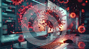 Virus attack, visualized as a 3D model, attacking a computer system