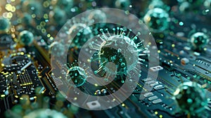 Virus attack, visualized as a 3D model, attacking a computer system