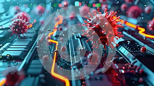 Virus attack, visualized as a 3D model, attacking a computer system
