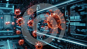 Virus attack, visualized as a 3D model, attacking a computer system