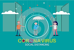 Virus attacks people vector illustration. Individuals representing social distance to prevent the spread of the virus. Flat vector