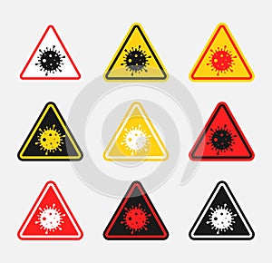 Virus attention sign set, coronavirus icons, biohazard danger alert