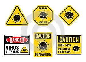 Virus attention sign set, coronavirus icons, biohazard danger alert