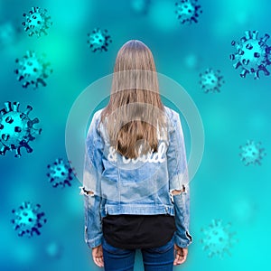 Virus background with girl and hand drawn 3d imitation Coronavirus 2019-nCoV cells