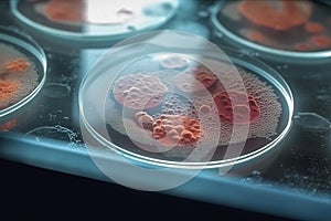 Virus or bacteria cells in a scientific laboratory petri dish. Generative AI