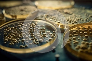 Virus or bacteria cells in a scientific laboratory petri dish. Generative AI