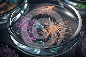 Virus or bacteria cells in a scientific laboratory petri dish. Generative AI