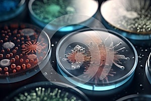 Virus or bacteria cells in a scientific laboratory petri dish. Generative AI