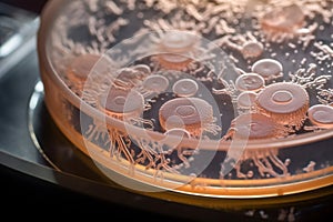 Virus or bacteria cells in a scientific laboratory petri dish. Generative AI