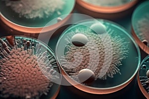 Virus or bacteria cells in a scientific laboratory petri dish. Generative AI