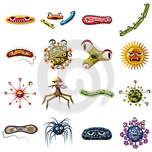 Virus bacteria faces icons set, cartoon style