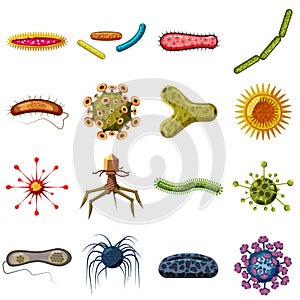 Virus bacteria icons set, cartoon style