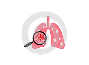 Virus and bacteria-infected the Human lungs. lung disease, Magnifier detects lung virus, Isolated vector design on a white