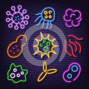 Virus and bacteria neon signboard icons