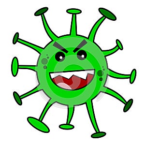 Virus cell creature cartoon funny evil character laughing isolated on white background