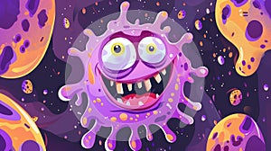 Virus cell or germ cartoon web banner. Smiling pathogen monster, toothy microbe with purple body, long tail modern