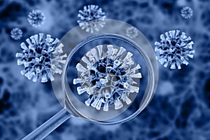 Virus cell view through a magnifying glass