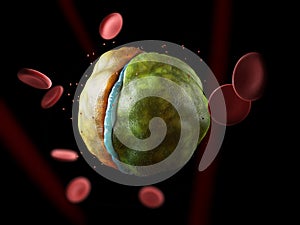 virus cells close up with cell of blood, 3d Illustration