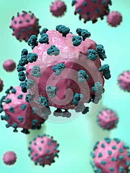 Virus cells invading host organism causing disease, under microscope